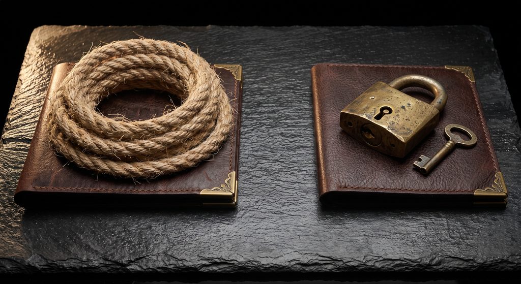 packs  BDSM 04 et 05, corde de jute et cadenas de laiton posés sur des dossiers de cuir