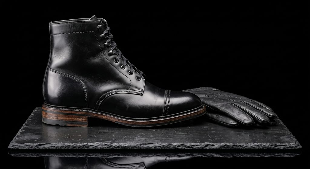 tenue de domination, botte de cuir cirée et gants pliés sur ardoise sombre