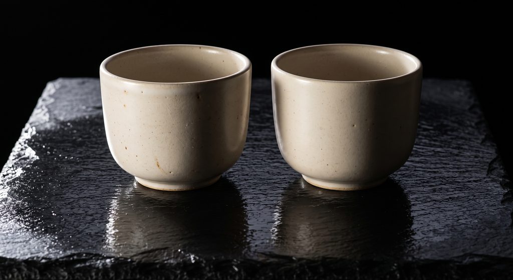 sub drop et dom drop, deux tasses de céramique identiques côte à côte