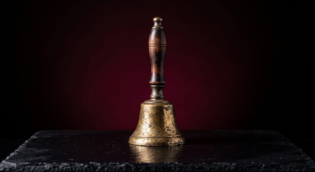 safeword BDSM, clochette de laiton posée sur ardoise sombre