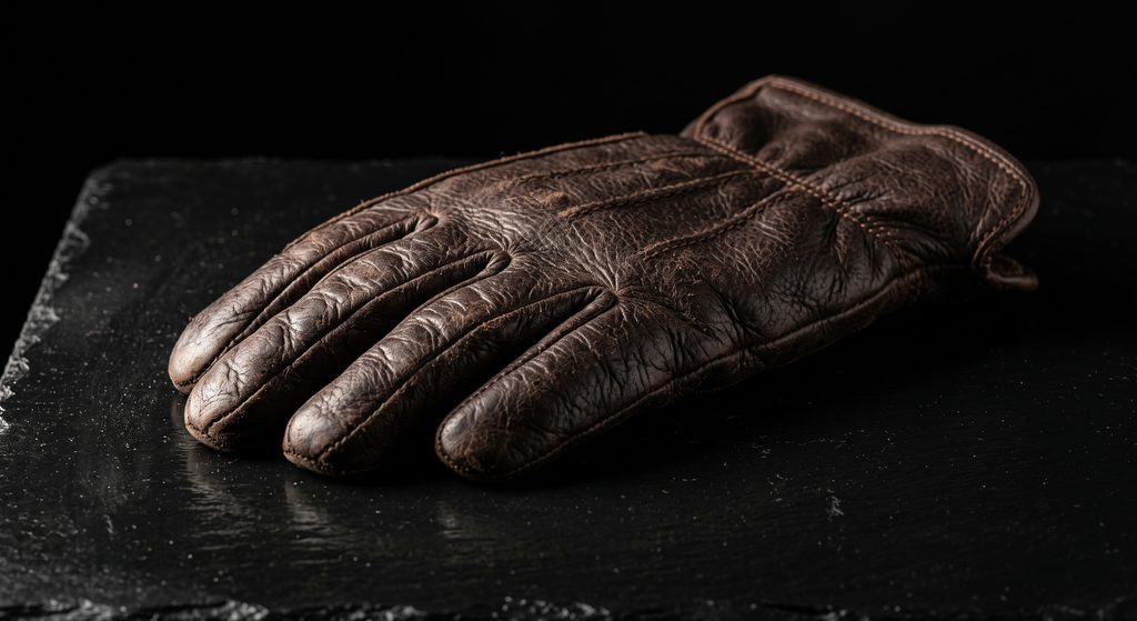 risques du jeu primal, gant de cuir posé à plat sur ardoise sombre