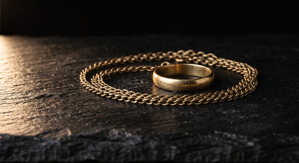 symboles d'appartenance, chaîne fine et bague de laiton