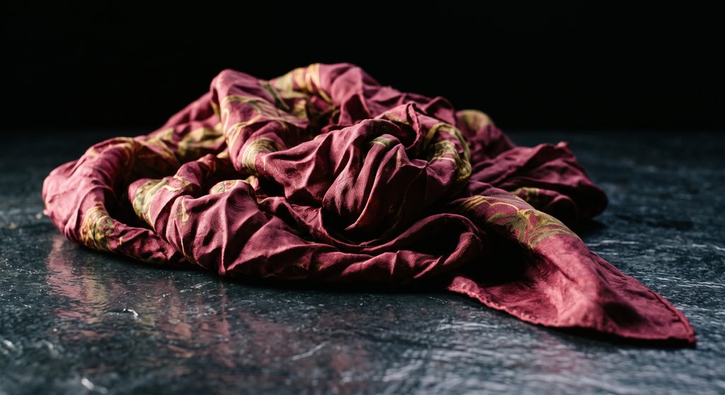 erreurs du premier soir, foulard de soie froissé sur ardoise sombre