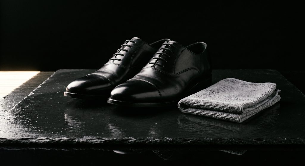 service BDSM, chaussures de cuir cirées et chiffon plié