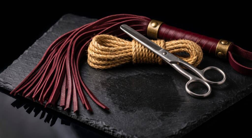 pratiques BDSM, martinet, corde de jute et ciseaux de sécurité sur ardoise sombre