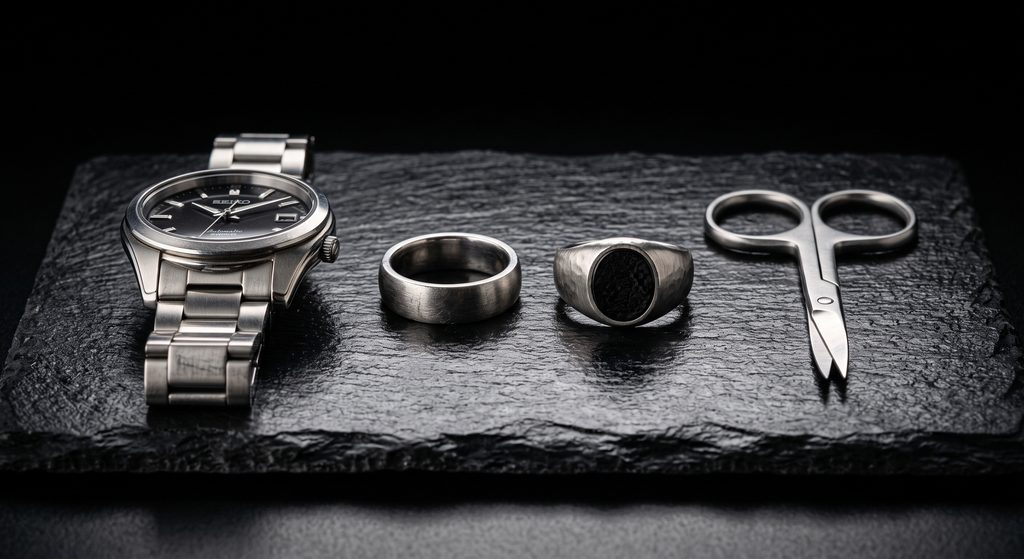 préparation avant une traque, montre, bagues et ciseaux à ongles retirés