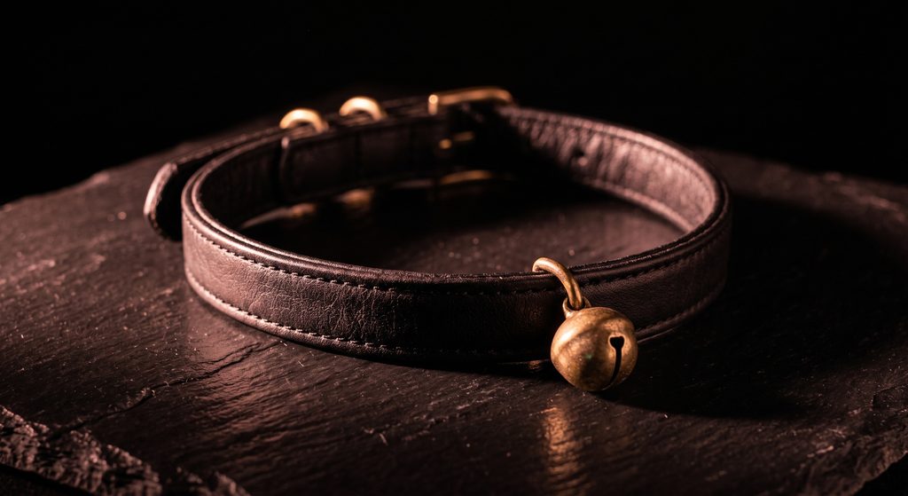 petplay, collier de cuir souple à grelot de laiton sur ardoise sombre