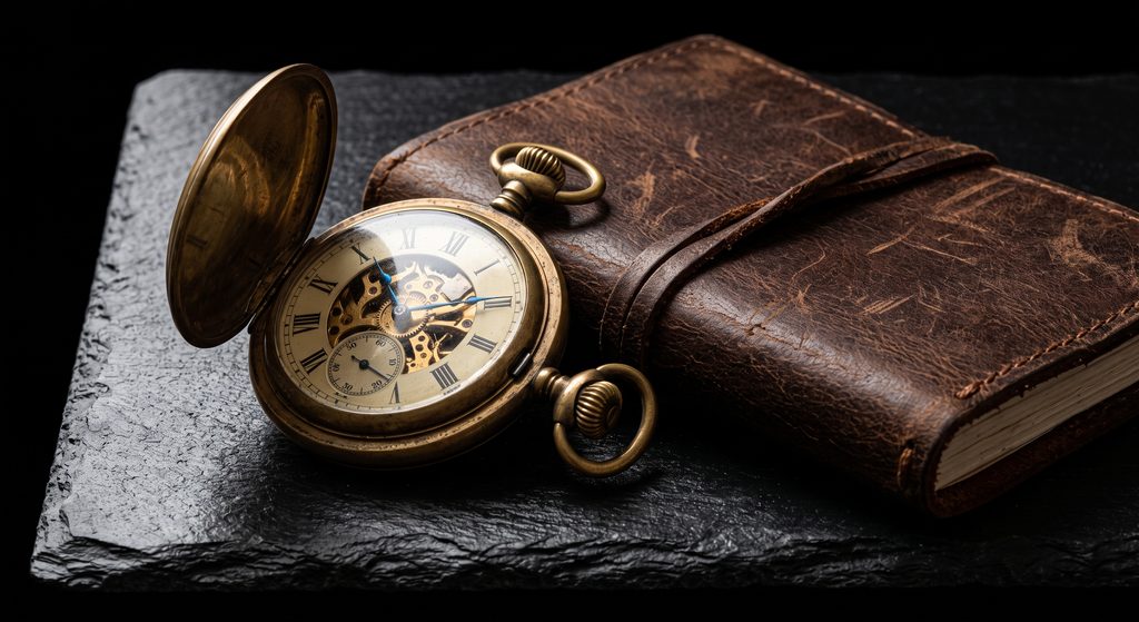 domination par le cadre, montre de laiton et carnet de cuir