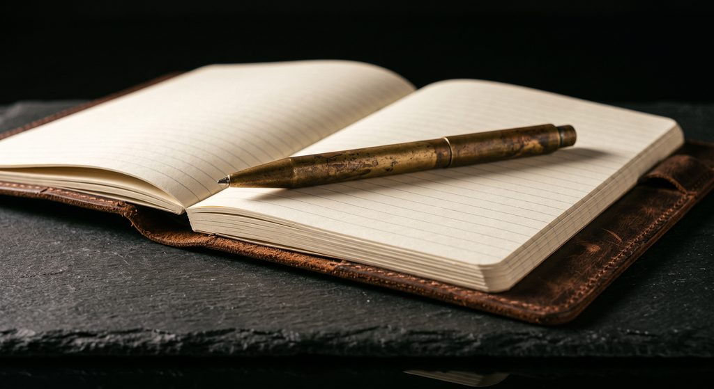grille de délégation, carnet de cuir ouvert et stylo de laiton