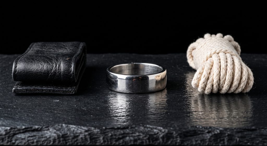 matières du matériel BDSM, cuir, acier inoxydable et corde de coton