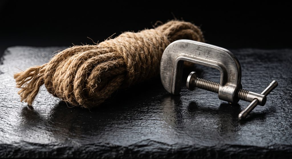 soumission par le corps, corde de jute et pince de métal