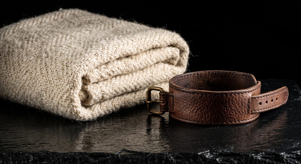 soumission et lâcher-prise, couverture de laine et bracelet de cuir ouvert