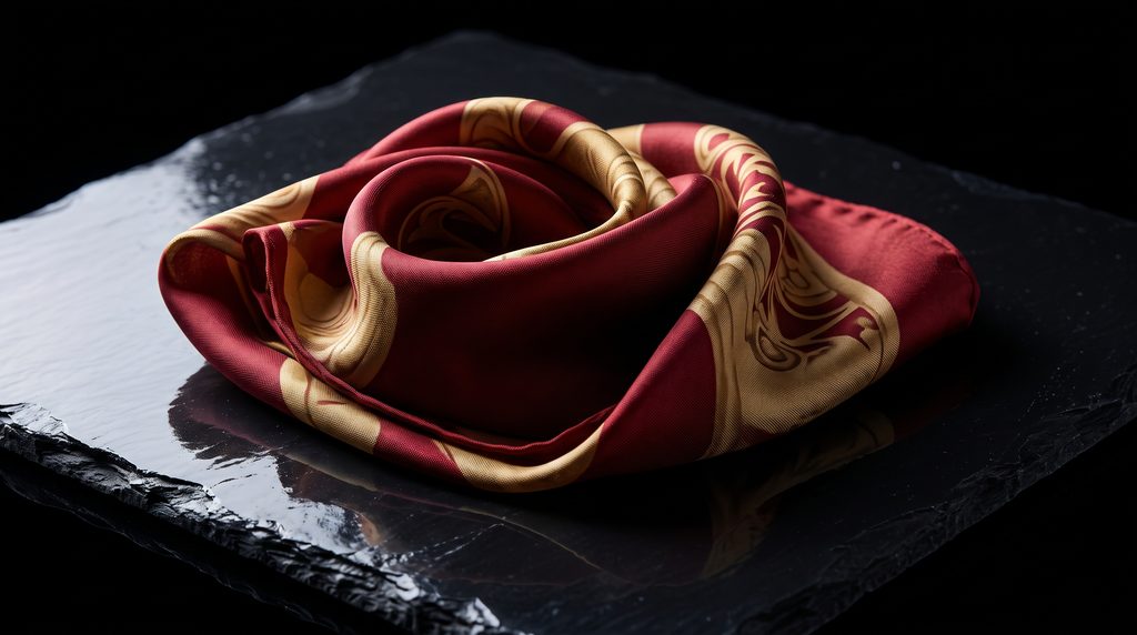 première séance BDSM, foulard de soie plié posé seul sur ardoise sombre