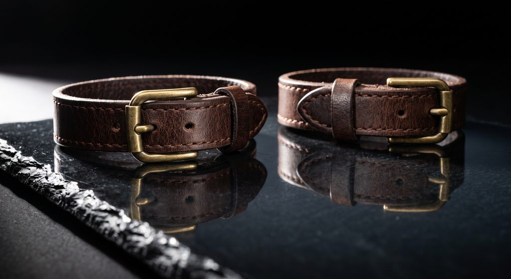 fluidité des rôles, bracelet de cuir et son reflet sur ardoise polie