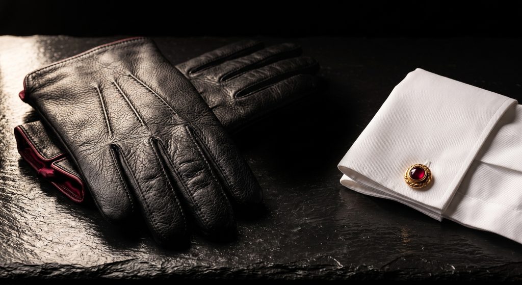 tenue BDSM, gants de cuir et poignet de chemise blanche sur ardoise sombre