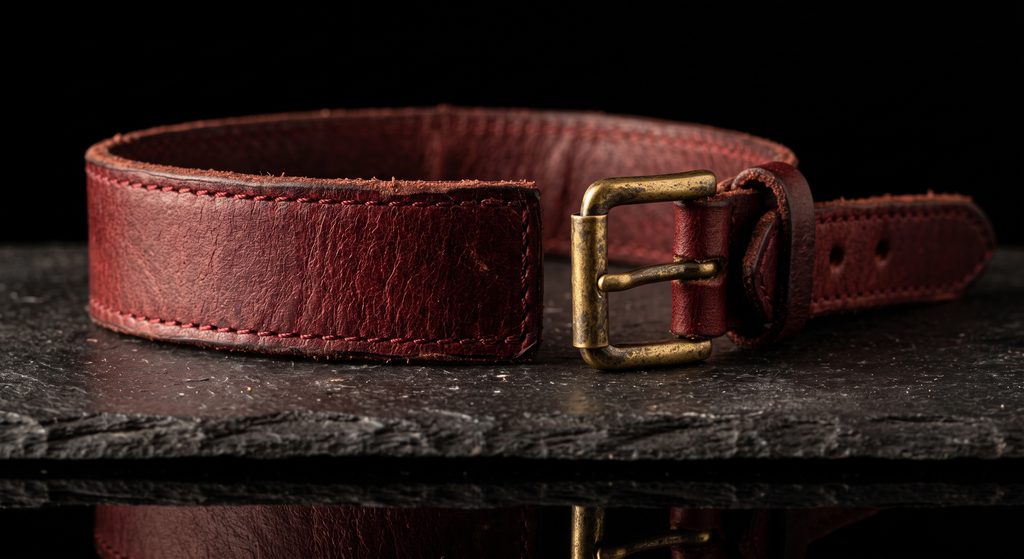 débuter le BDSM, bracelet de cuir ouvert et non bouclé sur ardoise sombre