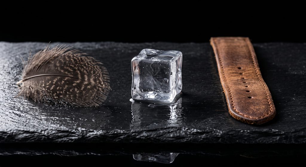 contrastes de sensations, plume, glaçon et sangle de cuir