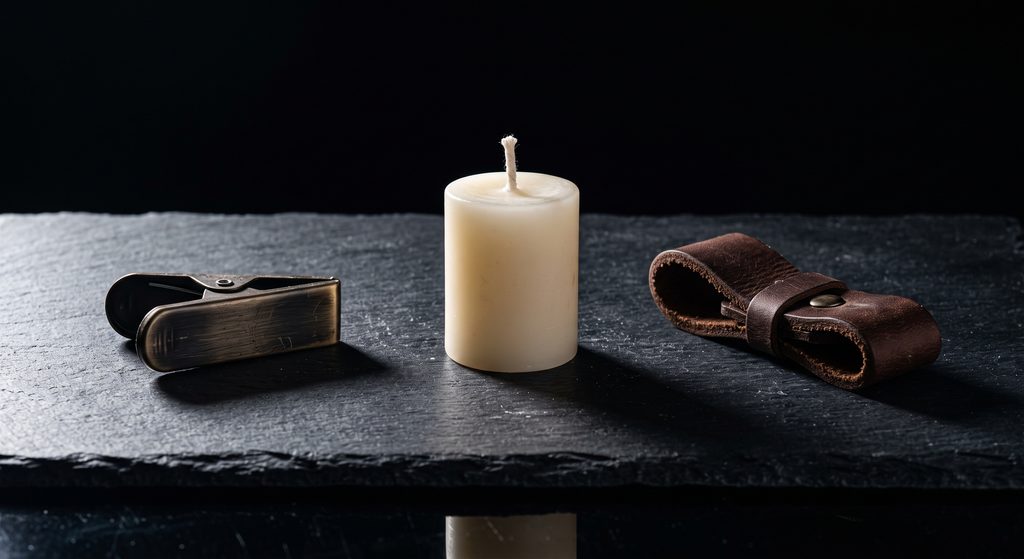 sensations en SM, pince de métal, bougie et sangle de cuir