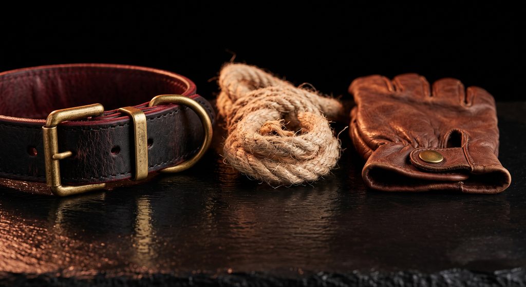 rôles de domination BDSM, collier, corde et gant de cuir sur ardoise sombre
