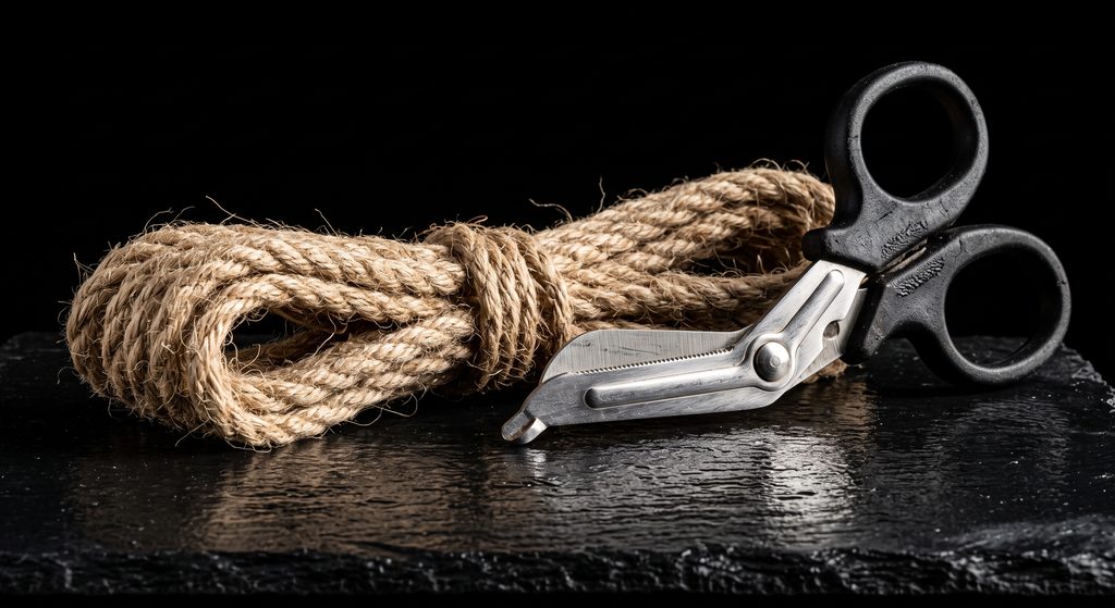 modèle RACK, corde de jute et ciseaux de sécurité sur ardoise sombre