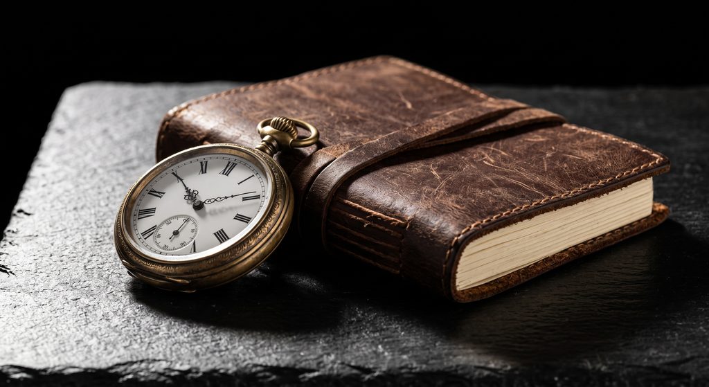 domination par le cadre, montre de laiton et carnet de cuir