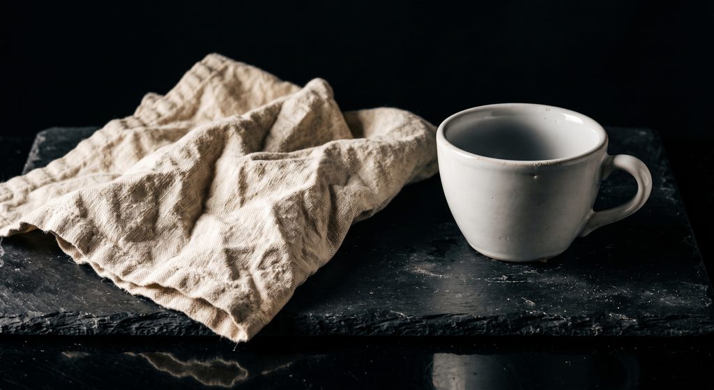 usure en soumission de service, linge froissé et tasse vide sur ardoise sombre