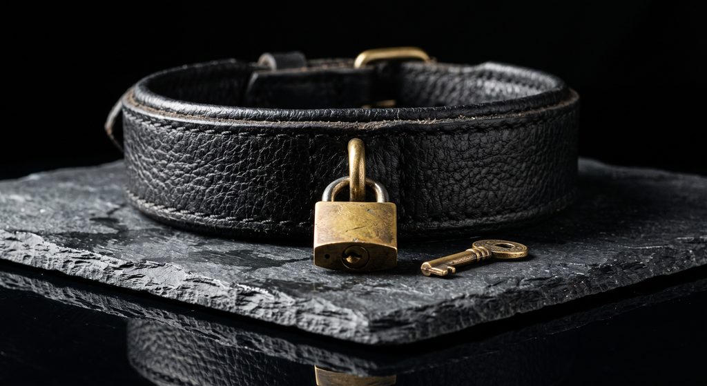 rôle de propriétaire BDSM, collier fermé au cadenas et sa clé posée à côté