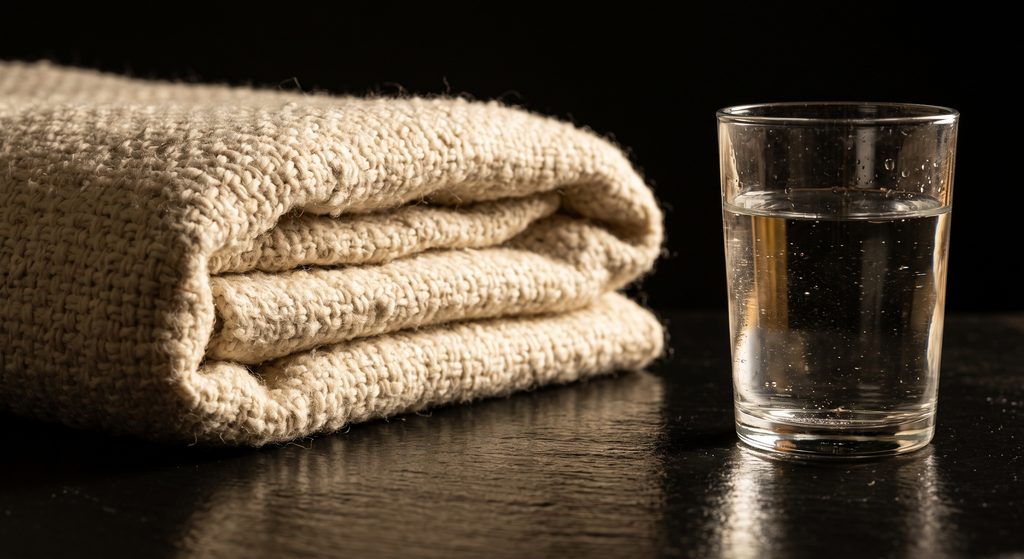 aftercare BDSM, couverture de laine pliée et verre d'eau sur ardoise sombre