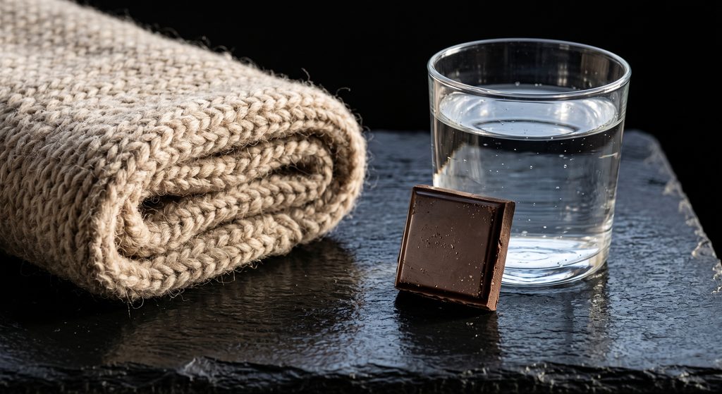 gestes d'aftercare, couverture, eau et chocolat sur ardoise sombre