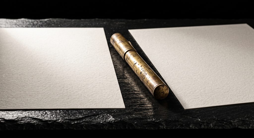 conversation de la veille, deux feuilles et un stylo de laiton sur ardoise sombre