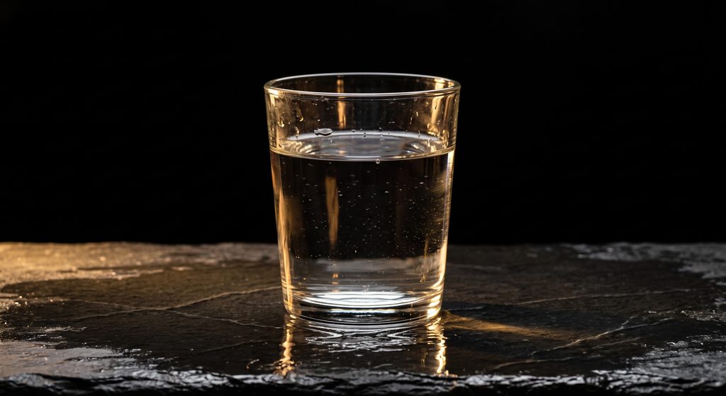 sobriété BDSM, verre d'eau posé seul sur ardoise sombre
