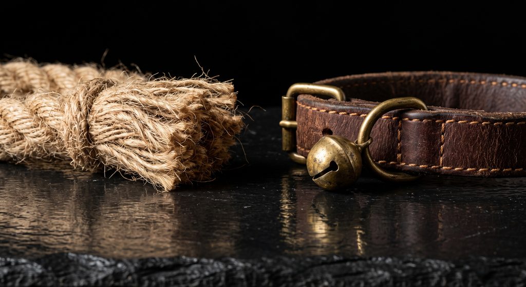 primal et petplay, corde brute et collier de cuir à grelot
