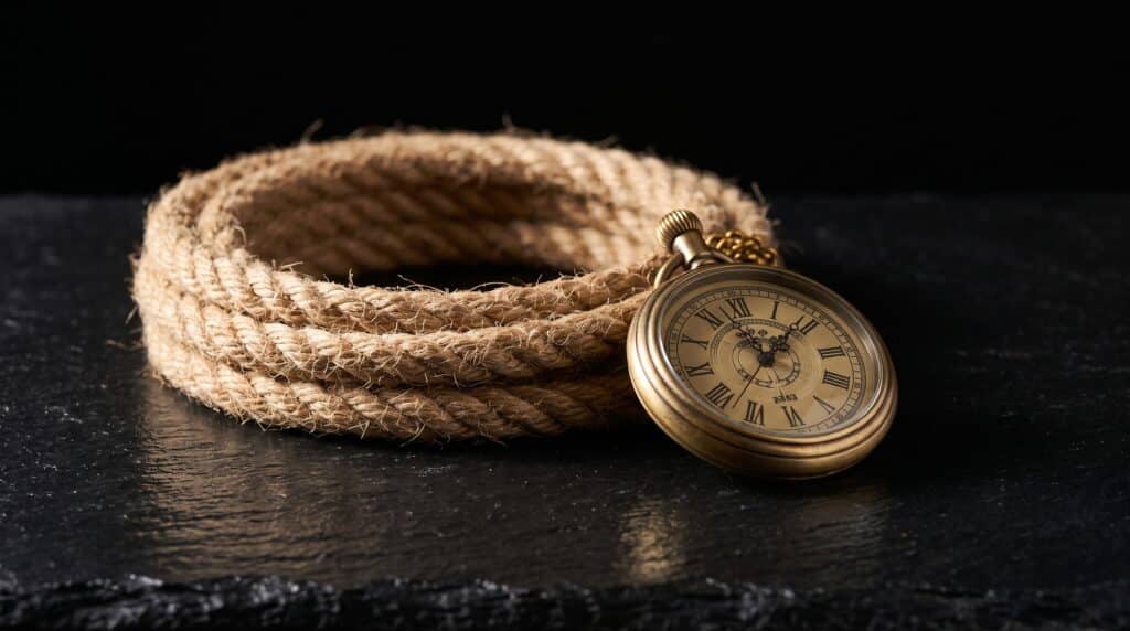 shibari et rituels BDSM, corde de jute et montre de laiton sur ardoise sombre