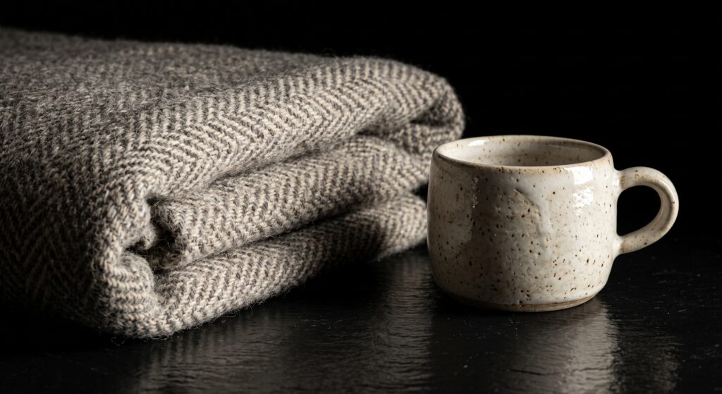 caregiver et little, couverture de laine et tasse de céramique