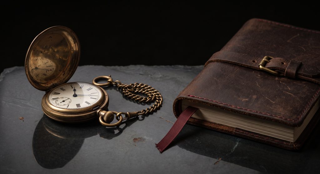 rôle de maître BDSM, montre de laiton ouverte et carnet de cuir