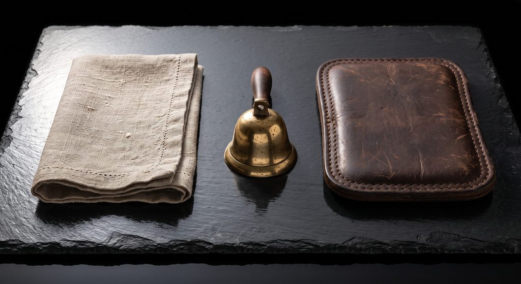 familles de rituels, linge, grelot et coussin de cuir