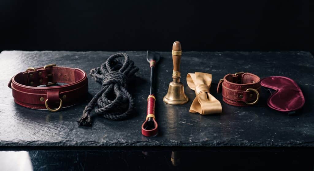 relation BDSM, sept objets de cuir et de corde sur ardoise sombre