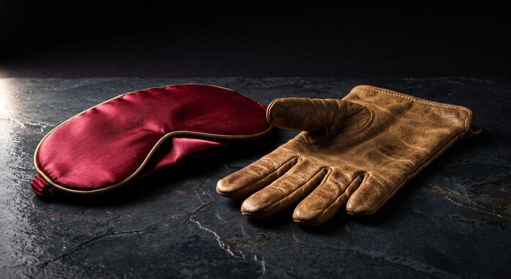 rôle de dominant BDSM, bandeau de soie et gant de cuir sur ardoise sombre