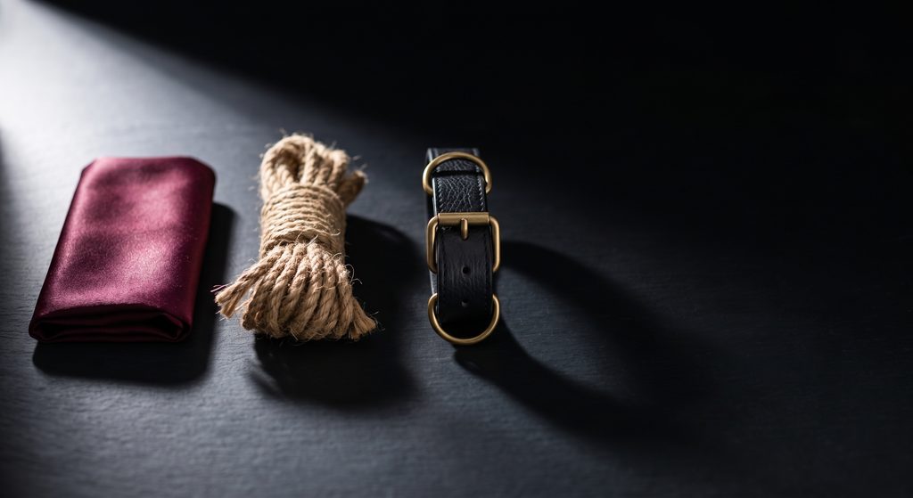 BDSM débutant, collier de cuir, corde de jute et bandeau de soie sur ardoise sombre