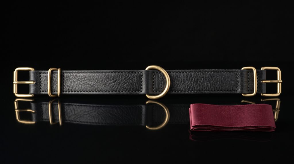 rôles BDSM, collier de cuir noir sur ardoise sombre