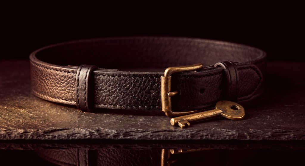 relation D/s, collier de cuir ouvert et clé de laiton sur ardoise sombre