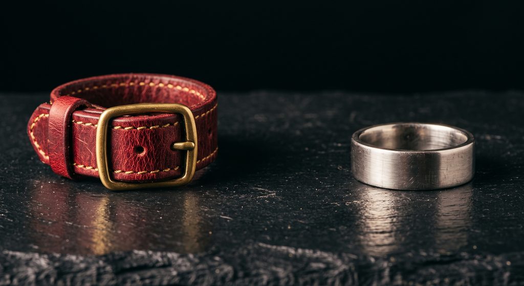 switch BDSM, bracelet de cuir et anneau de métal côte à côte sur ardoise sombre