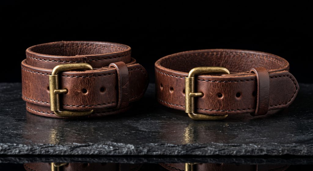dominant et soumis, deux bracelets de cuir identiques sur ardoise sombre