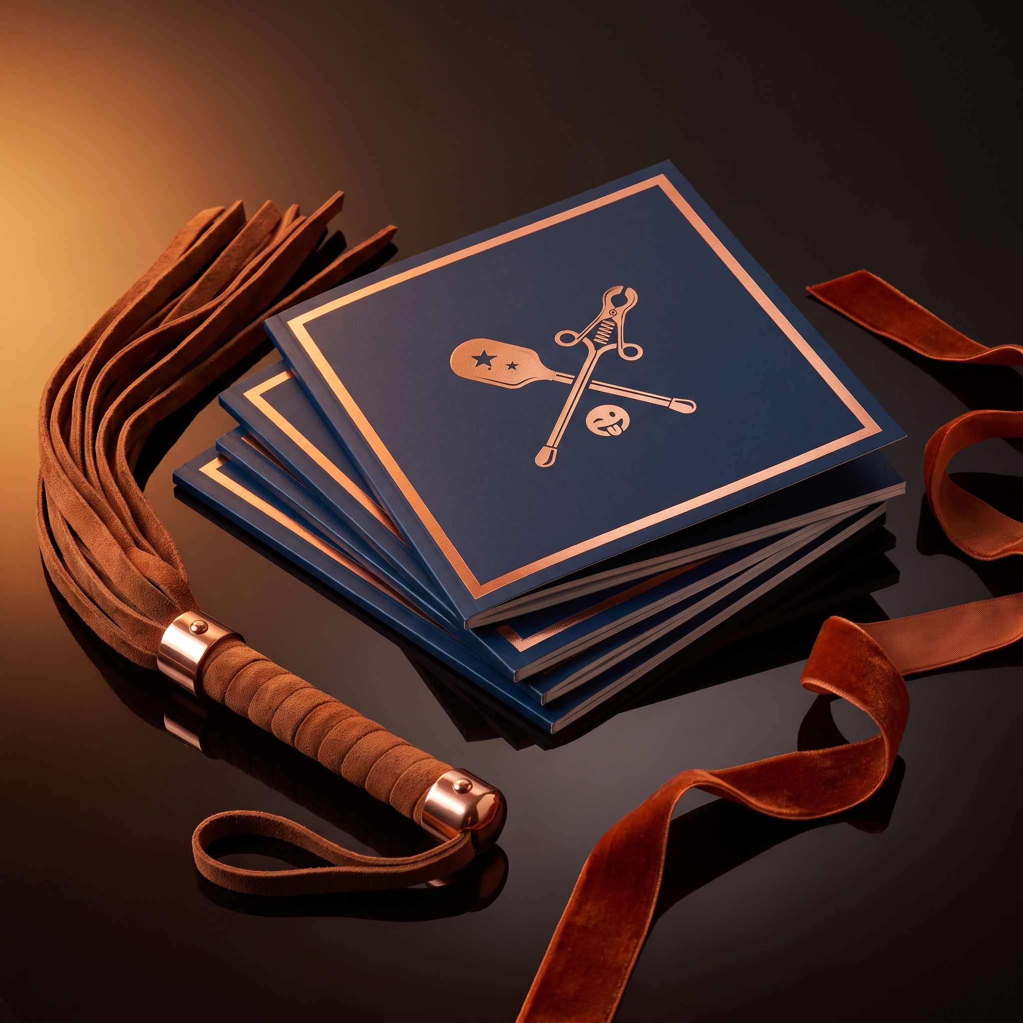 Trois guides du Pack Brat Tamer en couverture bleu nuit, accompagnés d'un flogger en suédine et d'un ruban de velours