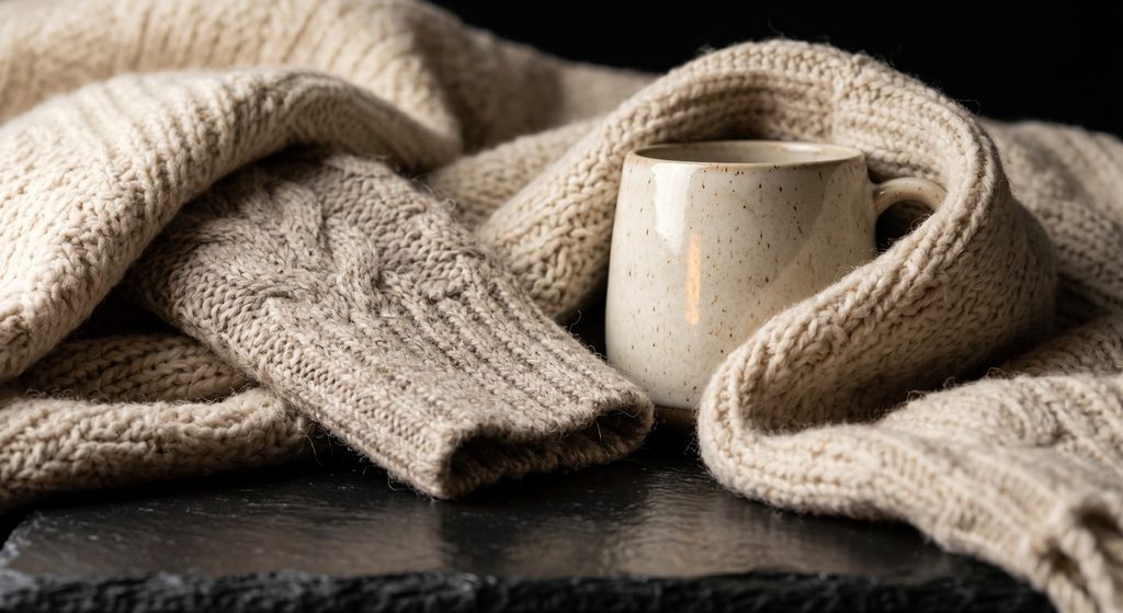 réconfort du little, maille douce et tasse de céramique dans les plis