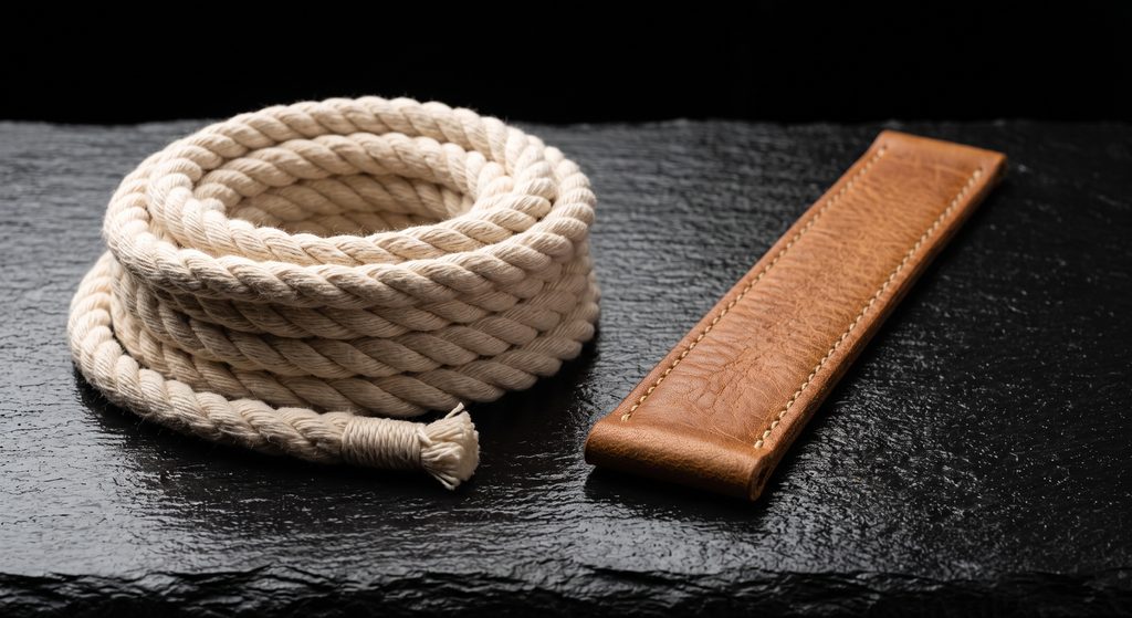 premières pratiques BDSM, sangle de cuir et corde de coton