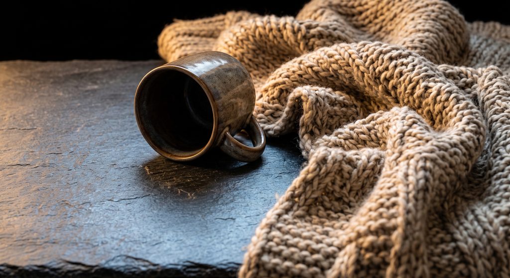 sortie de little space bâclée, couverture froissée et tasse renversée