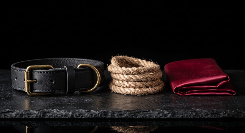 débuter le BDSM, collier, corde et bandeau sur ardoise sombre
