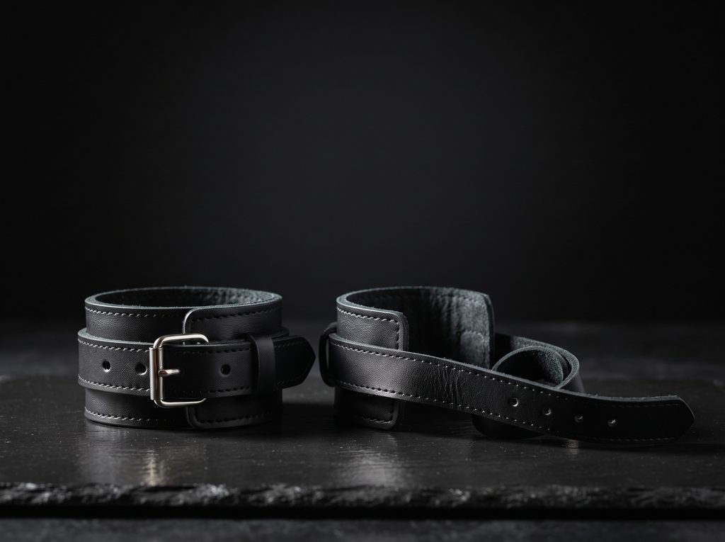 état second en séance BDSM, menottes de cuir ouvertes sur ardoise sombre