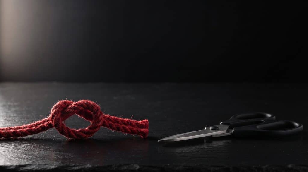 premier signal d'alerte en séance BDSM, corde rouge dénouée et ciseaux de secours sur ardoise sombre
